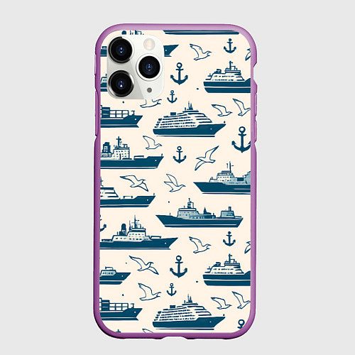 Чехол iPhone 11 Pro матовый Морской паттерн из чаек, якорей и кораблей / 3D-Фиолетовый – фото 1