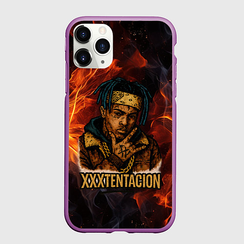 Чехол iPhone 11 Pro матовый XXXTentacion на фоне огня / 3D-Фиолетовый – фото 1
