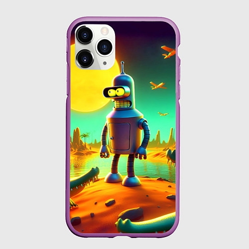 Чехол iPhone 11 Pro матовый Робот-сгибальщик Бендер на планете крокодилов / 3D-Фиолетовый – фото 1