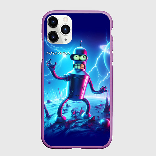 Чехол iPhone 11 Pro матовый Bender on neon planet - ai art fantasy / 3D-Фиолетовый – фото 1