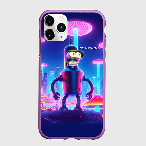 Чехол iPhone 11 Pro матовый Робот-сгибальщик Бендер в неоновом грибном мегапол / 3D-Фиолетовый – фото 1