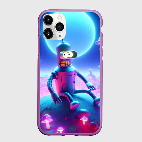 Чехол iPhone 11 Pro матовый Bender bending robot on the amazing neon mushroom / 3D-Фиолетовый – фото 1