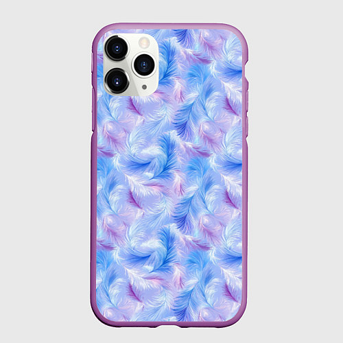 Чехол iPhone 11 Pro матовый Узор из голубых и сиреневых перьев / 3D-Фиолетовый – фото 1