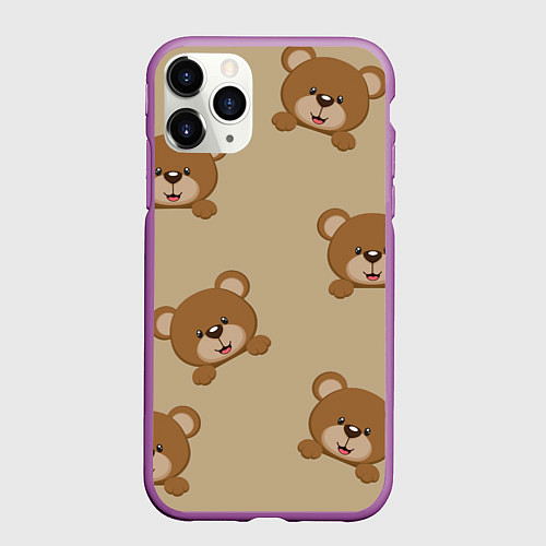 Чехол iPhone 11 Pro матовый Медвежьи мордашки на бежевом / 3D-Фиолетовый – фото 1