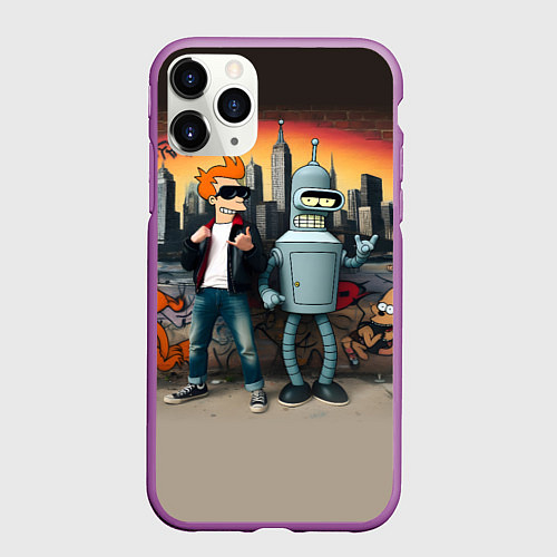 Чехол iPhone 11 Pro матовый Фрай и Бендер на фоне стены с граффити / 3D-Фиолетовый – фото 1