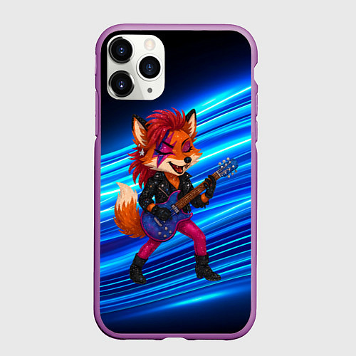 Чехол iPhone 11 Pro матовый Лиса в косухе и гитарой - рок звезда / 3D-Фиолетовый – фото 1