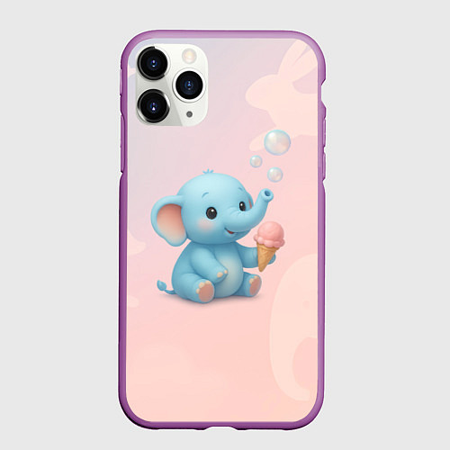 Чехол iPhone 11 Pro матовый Маленький слоненок с мороженым пускает пузыри / 3D-Фиолетовый – фото 1