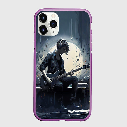 Чехол iPhone 11 Pro матовый Играющий на гитаре в свете Луны музыкант / 3D-Фиолетовый – фото 1