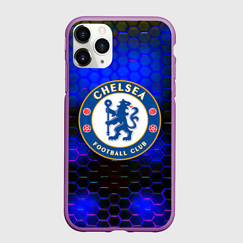 Чехол iPhone 11 Pro матовый Chelsea соты неоновые / 3D-Фиолетовый – фото 1
