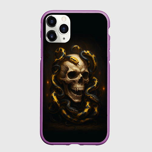 Чехол iPhone 11 Pro матовый Череп и жёлто-чёрные змеи / 3D-Фиолетовый – фото 1