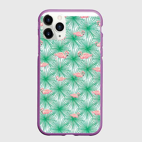 Чехол iPhone 11 Pro матовый Фламинго и тропики / 3D-Фиолетовый – фото 1