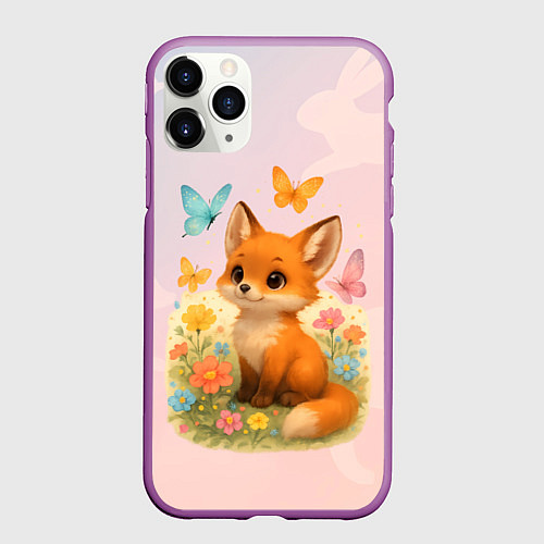 Чехол iPhone 11 Pro матовый Лисичка с бабочками и цветочками / 3D-Фиолетовый – фото 1