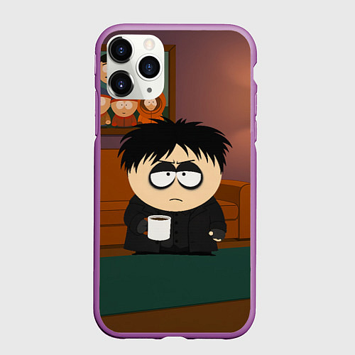 Чехол iPhone 11 Pro матовый Эрик Картман гот с кофе / 3D-Фиолетовый – фото 1