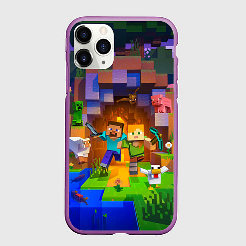 Чехол iPhone 11 Pro матовый Стив и Алекс - Майнкрафт / 3D-Фиолетовый – фото 1