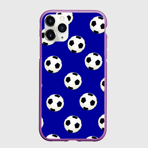 Чехол iPhone 11 Pro матовый Футбольные мячи на синем / 3D-Фиолетовый – фото 1