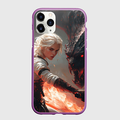 Чехол iPhone 11 Pro матовый Цири сражается с монстром / 3D-Фиолетовый – фото 1