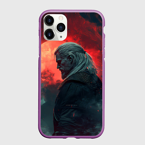 Чехол iPhone 11 Pro матовый Ведьмак на фоне красной луны / 3D-Фиолетовый – фото 1