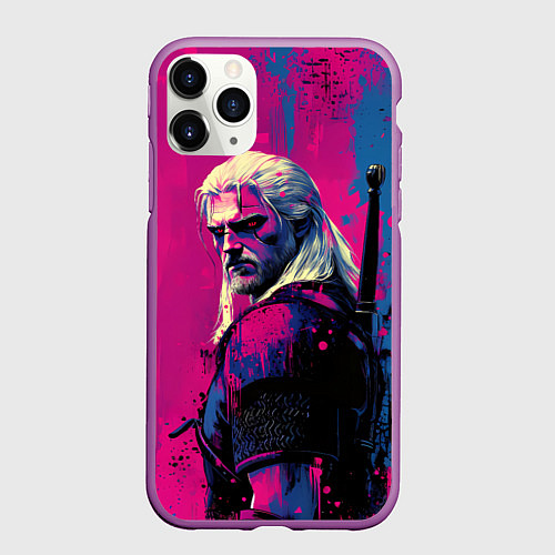 Чехол iPhone 11 Pro матовый Ведьмак стоит боком / 3D-Фиолетовый – фото 1