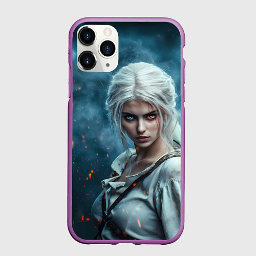 Чехол iPhone 11 Pro матовый Цири с огненными глазами / 3D-Фиолетовый – фото 1