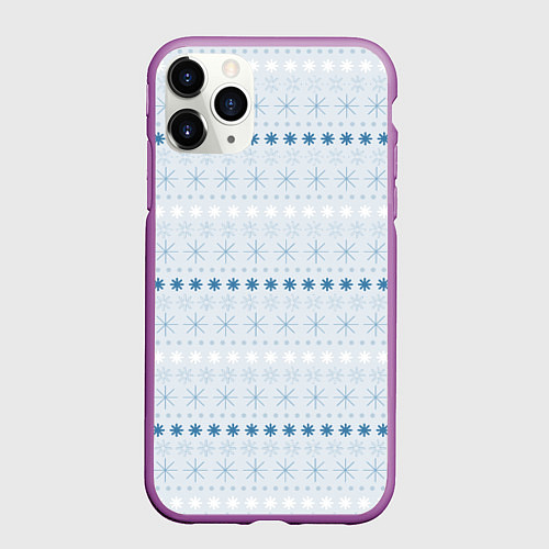 Чехол iPhone 11 Pro матовый Белые и синие снежинки на светлом голубом / 3D-Фиолетовый – фото 1