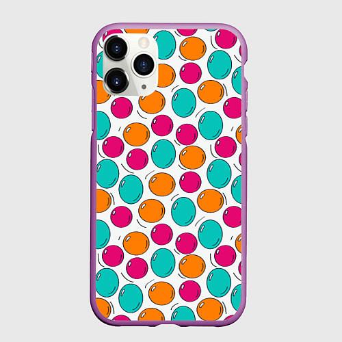 Чехол iPhone 11 Pro матовый Розовые, оранжевые и бирюзовые шары / 3D-Фиолетовый – фото 1