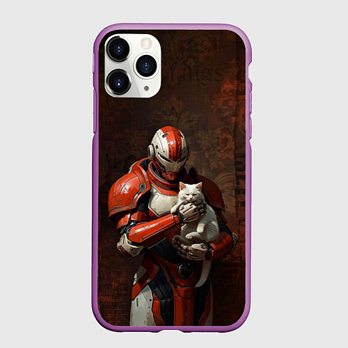 Чехол iPhone 11 Pro матовый Футуристичный воин с котом / 3D-Фиолетовый – фото 1