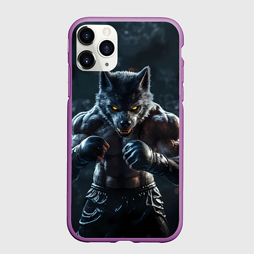 Чехол iPhone 11 Pro матовый Волк боец в перчатках / 3D-Фиолетовый – фото 1
