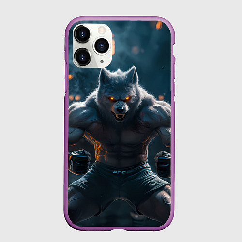 Чехол iPhone 11 Pro матовый Агрессивный волк боец / 3D-Фиолетовый – фото 1