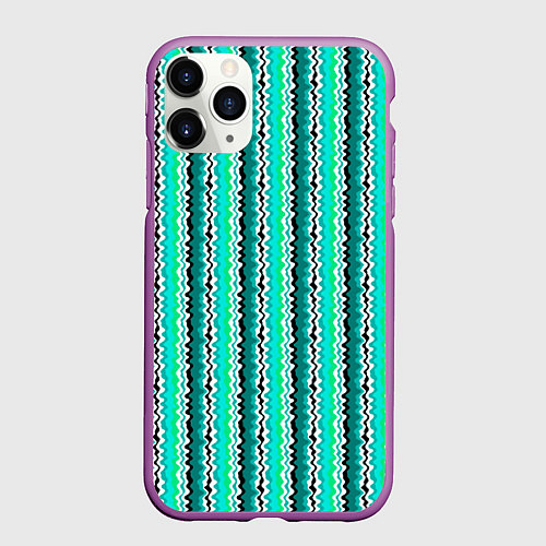Чехол iPhone 11 Pro матовый Вертикальные бирюзовые зеленые волнистые полосы / 3D-Фиолетовый – фото 1