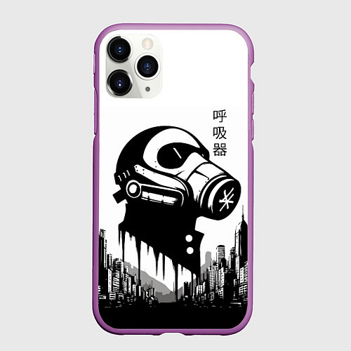 Чехол iPhone 11 Pro матовый Respirator in metropolis - hieroglyphs / 3D-Фиолетовый – фото 1