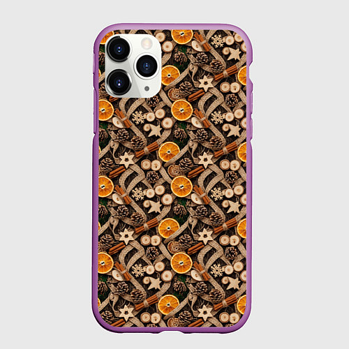 Чехол iPhone 11 Pro матовый Новогодний орнамент с корицей и дольками апельсина / 3D-Фиолетовый – фото 1