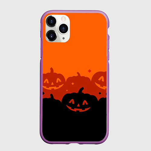 Чехол iPhone 11 Pro матовый Хэллоуин счастливые тыквы / 3D-Фиолетовый – фото 1
