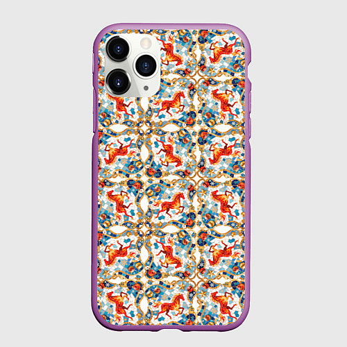 Чехол iPhone 11 Pro матовый Орнамент с лошадью - символом Нового 2026 года / 3D-Фиолетовый – фото 1