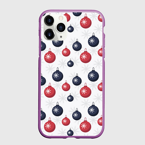 Чехол iPhone 11 Pro матовый Синие и красные новогодние шары со снежинками / 3D-Фиолетовый – фото 1