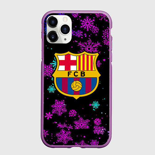 Чехол iPhone 11 Pro матовый Барселона неоновые снежинки / 3D-Фиолетовый – фото 1