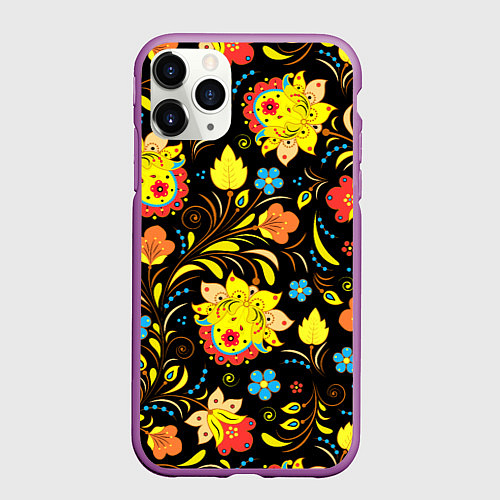 Чехол iPhone 11 Pro матовый Хохлома узор / 3D-Фиолетовый – фото 1