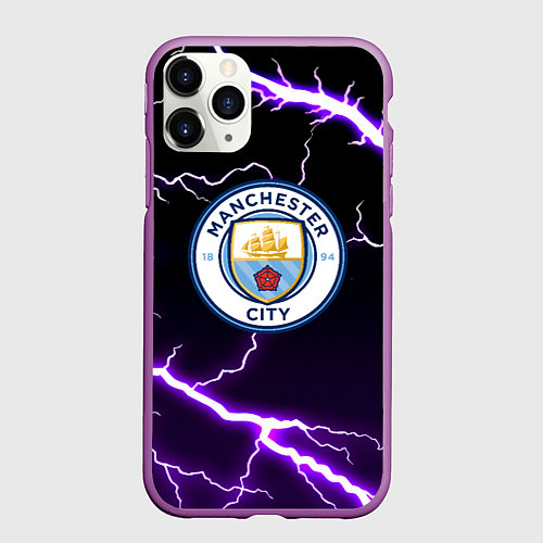 Чехол iPhone 11 Pro матовый Манчестер молнии шторм неон / 3D-Фиолетовый – фото 1