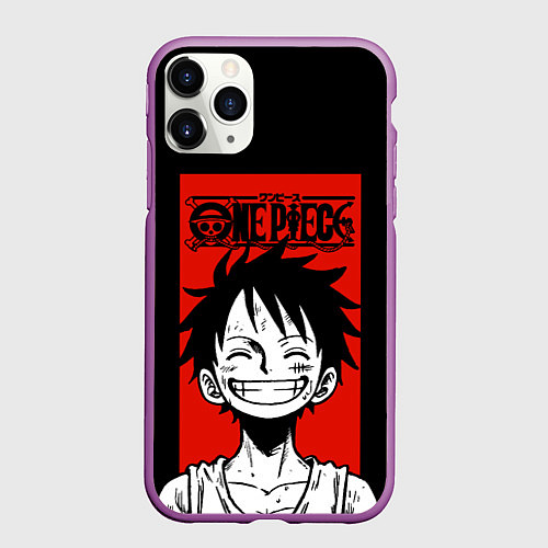 Чехол iPhone 11 Pro матовый Ван Пис, Луффи на красном / 3D-Фиолетовый – фото 1