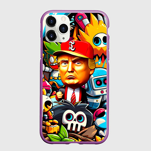 Чехол iPhone 11 Pro матовый Дональд Трамп в компании мультяшных персонажей / 3D-Фиолетовый – фото 1