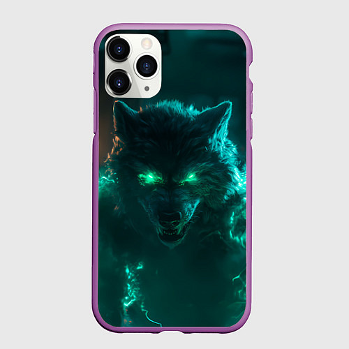 Чехол iPhone 11 Pro матовый Волк с зелеными глазами с молниями / 3D-Фиолетовый – фото 1