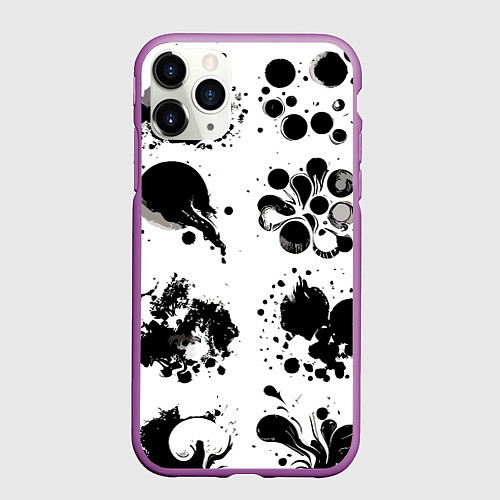 Чехол iPhone 11 Pro матовый Чёрно-белые кляксы - абстракция / 3D-Фиолетовый – фото 1
