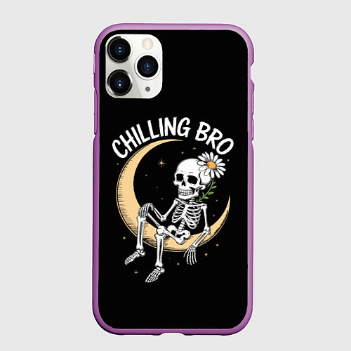 Чехол iPhone 11 Pro матовый Скелет с ромашкой сидит на полумесяце / 3D-Фиолетовый – фото 1