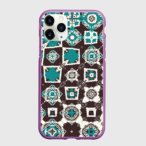 Чехол iPhone 11 Pro матовый Бирюзово-коричневая геометрическая текстура / 3D-Фиолетовый – фото 1