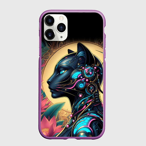 Чехол iPhone 11 Pro матовый Девушка-кошка арт нуво и киберпанк коллаба / 3D-Фиолетовый – фото 1