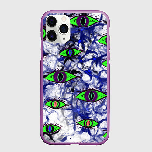 Чехол iPhone 11 Pro матовый Пронзительный жуткий паттерн с взглядом глаз / 3D-Фиолетовый – фото 1