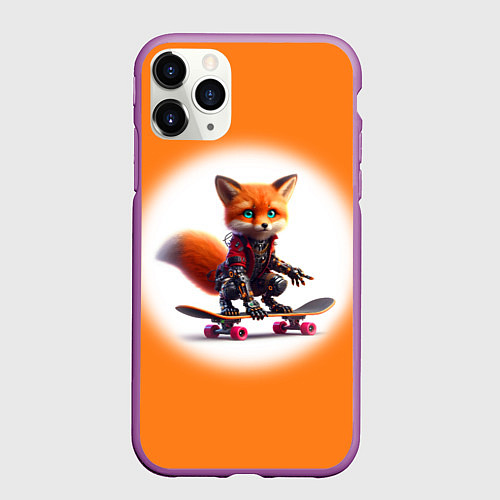 Чехол iPhone 11 Pro матовый Cyber fox cub is a cool skateboarder - ai art / 3D-Фиолетовый – фото 1