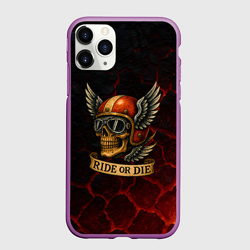 Чехол iPhone 11 Pro матовый Ride or die череп мотоциклиста / 3D-Фиолетовый – фото 1