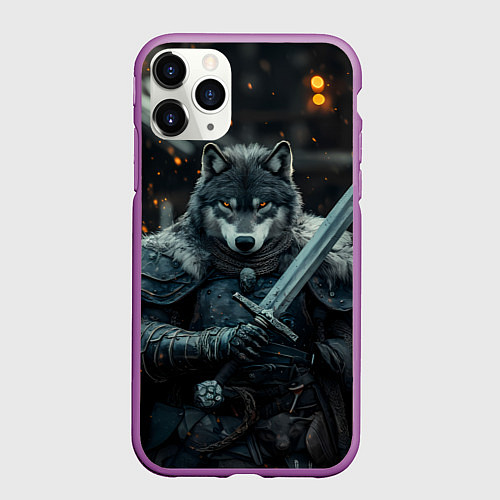 Чехол iPhone 11 Pro матовый Воин волк с мечом / 3D-Фиолетовый – фото 1