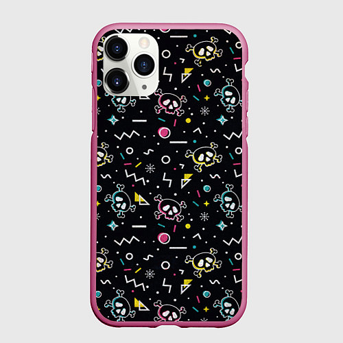 Чехол iPhone 11 Pro матовый Паттерн с черепами и геометрическими фигурами в ст / 3D-Малиновый – фото 1