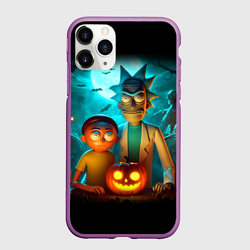 Чехол iPhone 11 Pro матовый Morty and Rick with pumpkin - neon halloween / 3D-Фиолетовый – фото 1